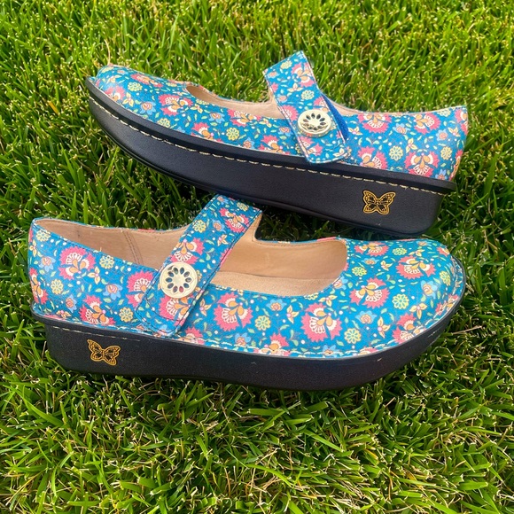 Alegria Paloma | Blue Floral Mary Jane Leather Shoes | 41 (US 10.5–11) LIKE NEW - Picture 1 of 9